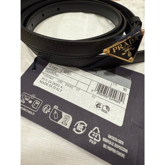 Prada Saffiano Womens Thin Plaque Logo Triangle Belt Black Leather 90 - Picture 3 of 6